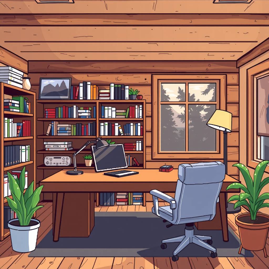 nice clean home office of a modern cabin style home with a bookshelf in the background