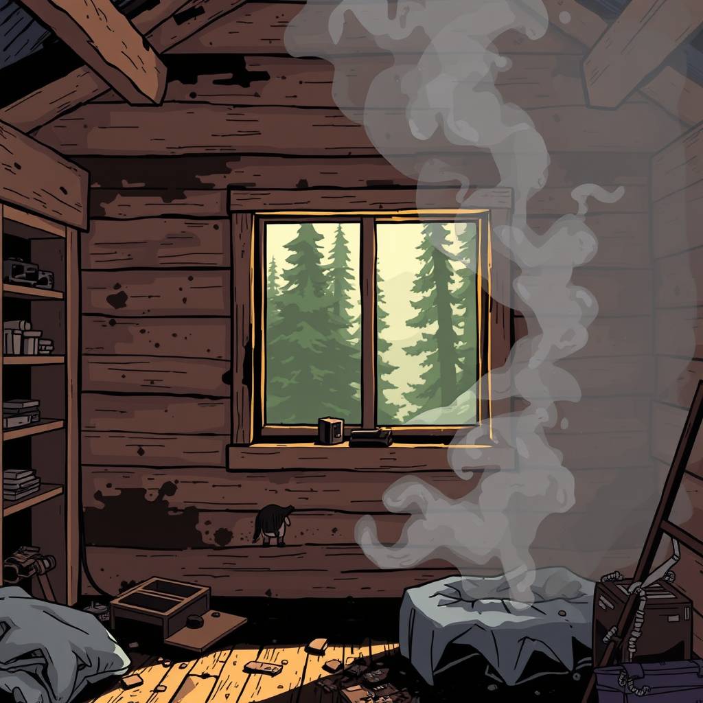 The image should feature a room in a modern cabin with a window affected by smoke, showing clear signs of damage such as discolored walls, soot-stained surfaces, and charred materials. Include elements that suggest ongoing restoration efforts