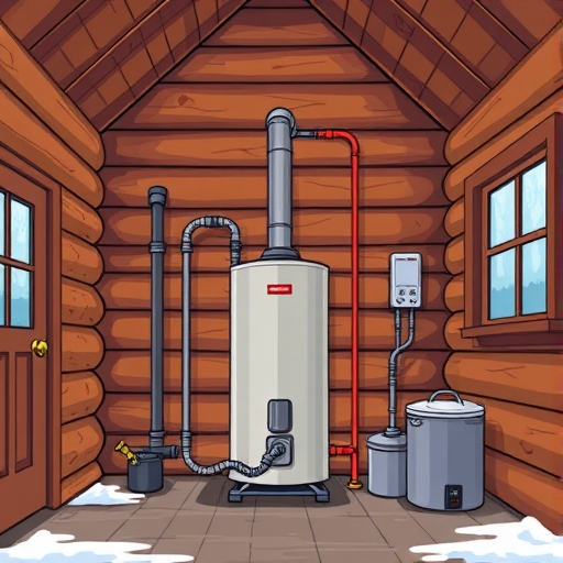 Modern log cabin house showing older but still working water heater in the basement of the house