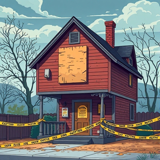 boarded up house with caution tape around it